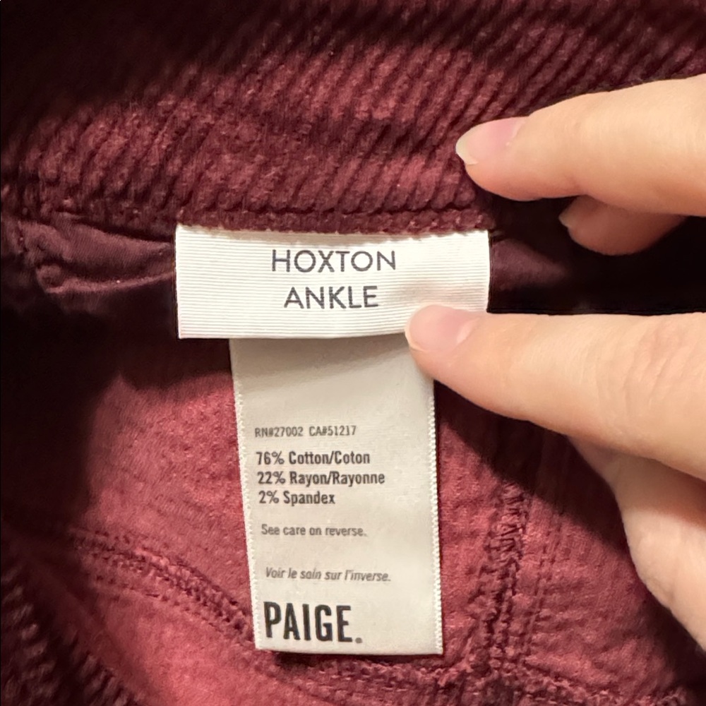 PAIGE Hoxton Ankle Burgundy Red Corduroy Pants size 29 - Picture 11 of 12